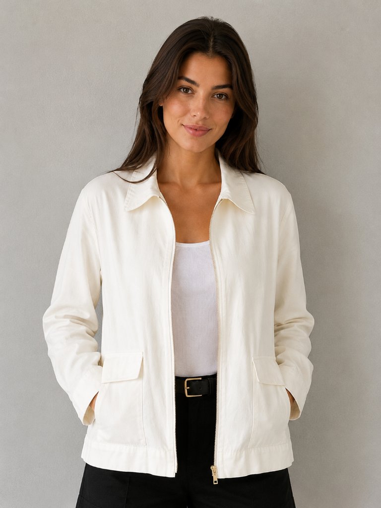 Linda Allard Ellen Tracy Linen Blend Jacket White Minimalist Zip Front Pl Y2k